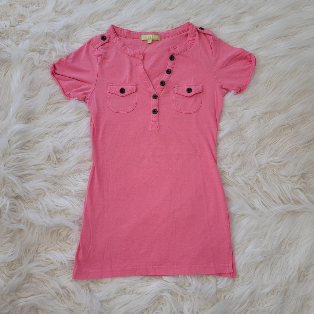 Pink V Neck Button T Shirt